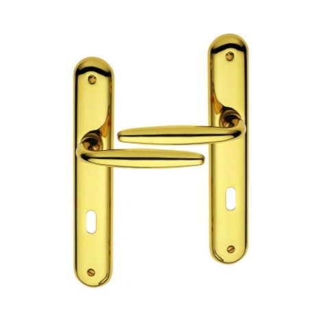 Ouvre&Déco – 2 poignées de porte intérieure design en laiton poli brillant PVD Titane sur plaque Clé L entraxe 195 mm, RAPHAËLA
