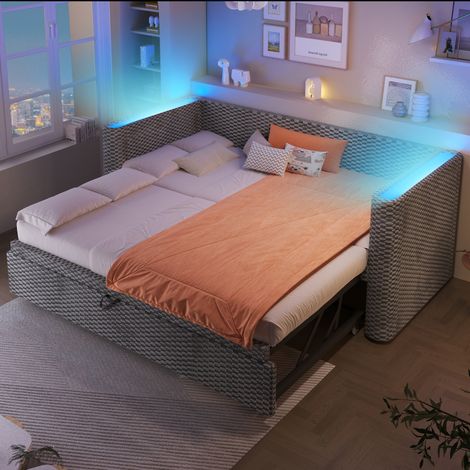 Lit de jour convertible gigogne 90x200 180x200 LED sommier lattes velours gris