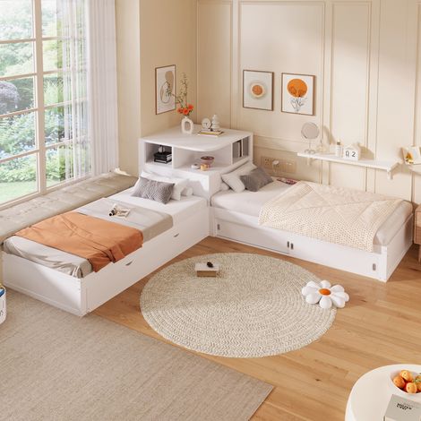 Modernluxe – Lit gigogne 90x200 cm avec rangement intégré – Éclairage LED – MDF blanc – Design multifonctionnel pour optimiser l'espace