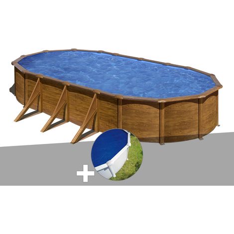 Kit piscine acier aspect bois Gré Pacific ovale 7,44 x 3,99 x 1,22 m + Bâche à bulles