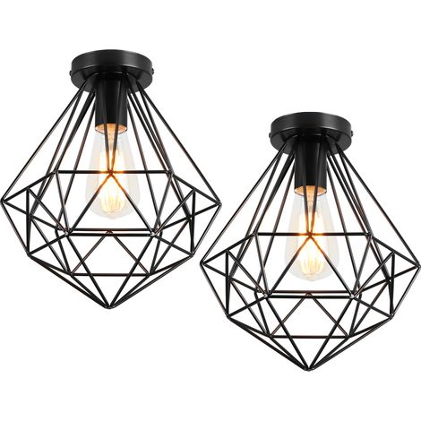 2PCS Plafonnier Antique En Diamant 26CM Luminaire Plafonnier Moderne Lampe De Plafond Vintage E27 Pour Loft, Bureau, Intérieur Noir