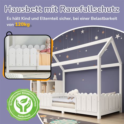 Lit de maison 90x200 cm - lit polyvalent en bois pour s et s - avec protection contre les chutes et cadre à lattes - Blanc (sans matelas)