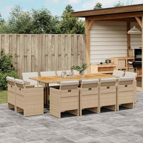 Ensemble repas de jardin 13 pièces, 12 chaises en résine tressée beige avec coussins - PANGIVO (1/5)
