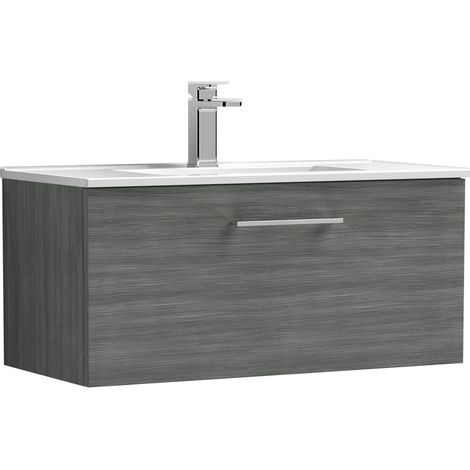 Balterley Contemporary Bathroom 1 Soft Close Drawer & Minimalist Wall Hung Vanity Unit Basin, Anthracite Woodgrain, 800mm