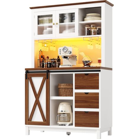 ELVMI Credenza Alta da Cucina con 1 Porta Scorrevole, 1 Cassetto e LED per Cucina in Vetro, Metallo e MDF Bianco (1/5)