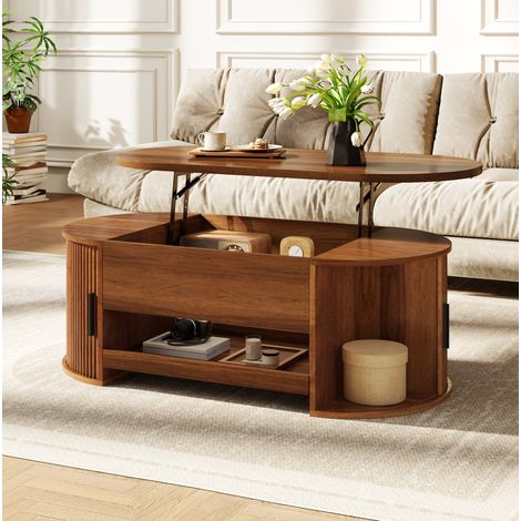 Tavolino da caffè sollevabile 110 x 55 x 55 cm con contenitore nascosto, ante scorrevoli e piano MDF noce (1/5)