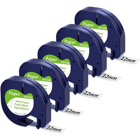 Ruban étiqueteuse compatible Dymo LetraTag 12mm x 4m Noir sur Blanc, Papier Recharge LT-100H LT-100T LT-110T XR XM, Lot de 5 (1/3)