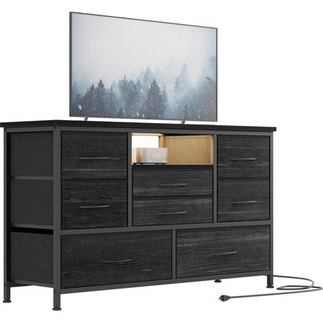 GARVEE -Commode 8 Tiroirs en Tissu pour TV 55'' avec Prises USB et LED, Meuble de Rangement Multi-fonctions pour Chambre/Salon, 140x40x82cm(Noir et Gris) (1/5)