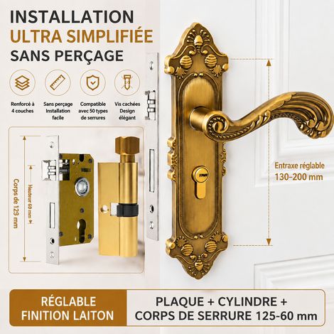 Serrure à poignée métallique jaune ancien avec corps de serrure 125/60 125 60 réf 6047 2 kg – Livraison gratuite