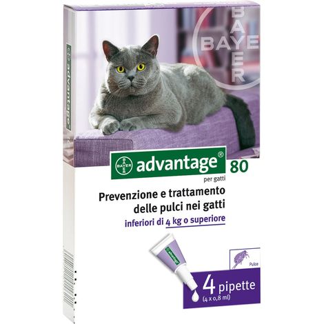 Advantage Spot On 80 prevenzione pulci e zecche per gatti di 4 kg 4 pipette