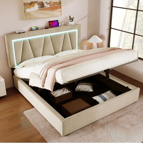 Polsterbett 140x200 cm beige Leinen mit LED, USB-C, verstellbarem Kopfteil und Stauraum (1/5)