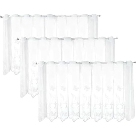 Lot de 3 rideaux brise-bise - 130 x 45 cm - Blanc semi-transparent - Motif floral - Pour salon, chambre à coucher, couloir (1/5)
