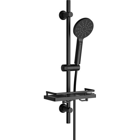 Colonne de Douche en Acier inoxydable avec Douchette à Main 3 Jets, Ensemble Barre de douche et Support de Pommeau de Douche et Tuyau pour Salle de Bain, Étagère Douche, 70cm Noir (1/5)