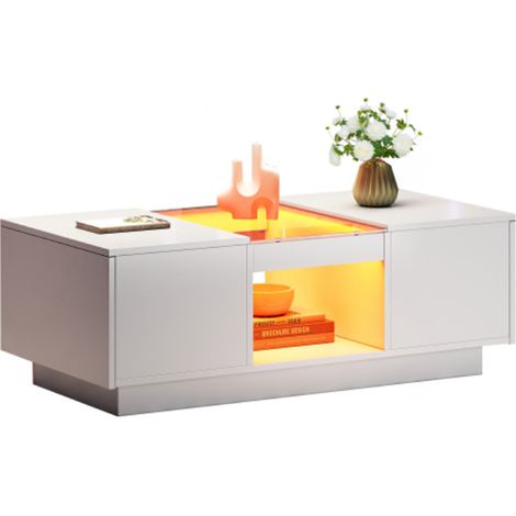 Table basse blanche 100 x 50 x 35,5 cm – avec plateau en verre, éclairage LED, commande par application, 2 tiroirs et 1 compartiment ouvert (1/5)