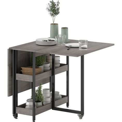 Klappbarer Esstisch im Industriedesign, für bis zu 4 Personen, offene Regale, flexibel, Metall, Spanplatte, Grau