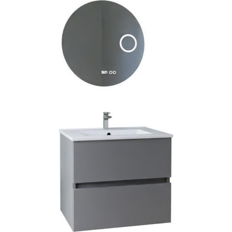 Meuble vasque ROSALY INOX 60 cm + miroir Rondinara- Gris- Plan vasque en Céramique