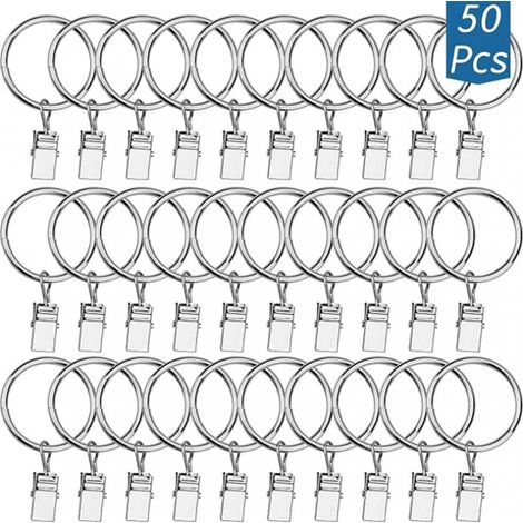 Anneaux de rideaux métalliques argentés, lot de 50 pièces, avec pinces robustes et antirouille pour tringles à rideaux (1/5)