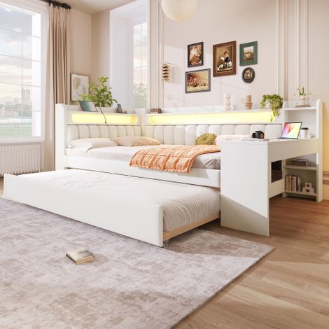 Gepolstertes Tagesbett mit USB-Anschlüssen und LED-Gürtel, mit Ausziehbett und Schreibtisch (1/5)