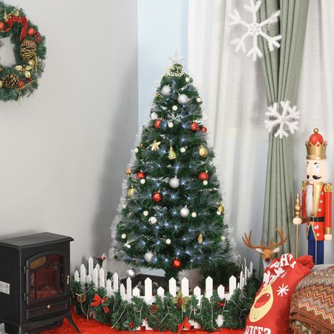 Sapin de Noël lumineux artificiel 120 cm, fibre optique LED avec 20 ampoules, support stable, 130 branches, étoile scintillante au sommet, vert élégant (1/5)