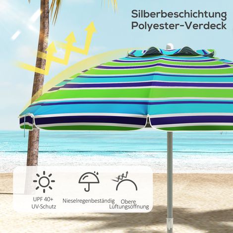 Parasol de plage 178 cm de diamètre, anti-UV40+, robuste, hauteur réglable, inclinaison, aération et housse de transport, coloris variés.