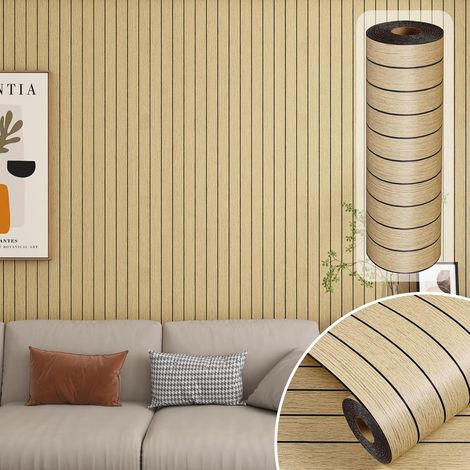 Épaissir Papier Peint Salon Aspect Bois Marron 90X500cm Grande Taille PVC Panneaux Acoustiques Muraux et pour Plafond Panneaux Muraux en Bois 3D Revetement Mural Decoratif Interieur Étanche (1/5)