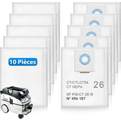 10 Sacs Filtrants Compatibles Aspirateur Festool CT 26 CTM 26 E CTL 26 E, Grande Capacité Jetables (1/5)