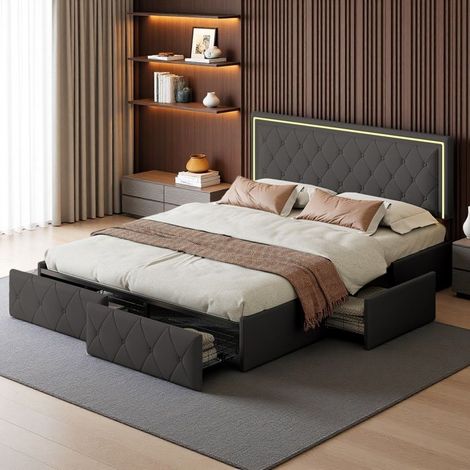 Doppelbett 160x200 - Smart RGB - Eingebaute Schubladen - Verstellbares Kopfteil - Optimierter Stauraum