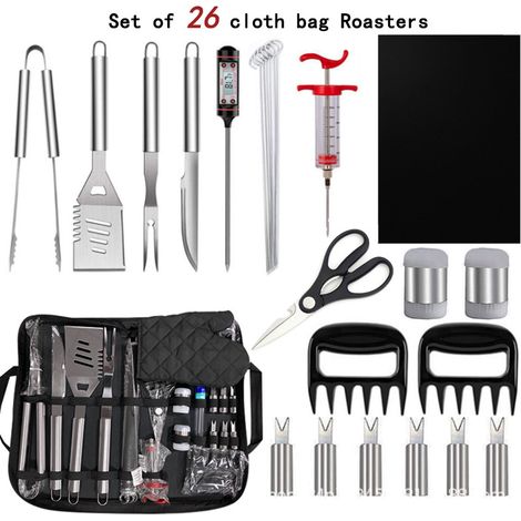 Ustensiles Barbecue, 26Pcs Kit Outils Barbecue Acier Inoxydable avec Sac Rangement, Set Barbecue Portable Extérieur Cadeau de Barbecue Idéal pour Les Hommes