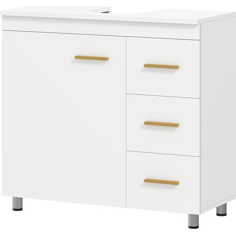 Weißer 70x30x65 cm großer Unterschrank mit U-förmigem Ausschnitt, Schrankfach und 3 Schubladen, Soft-Close-Mechanismus