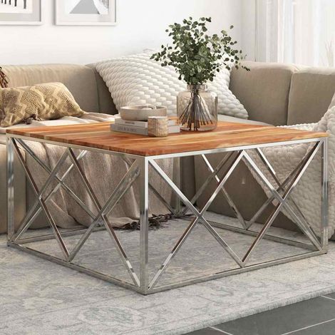 vidaXL Table basse argenté acier inoxydable et bois massif d'acacia (1/4)