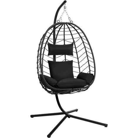 Fauteuil hamac suspendu en forme d’œuf, chaise balançoire avec structure acier, coussin épais et appui-tête, capacité 150 kg, pour salon, balcon et jardin, noir