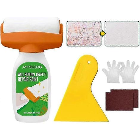 Pinceau à rouleau pour la réparation des murs, peinture murale blanche à séchage rapide 500 g avec grattoir, gants de ponçage, kit de réparation pour graffitis, rayures et taches (1/5)