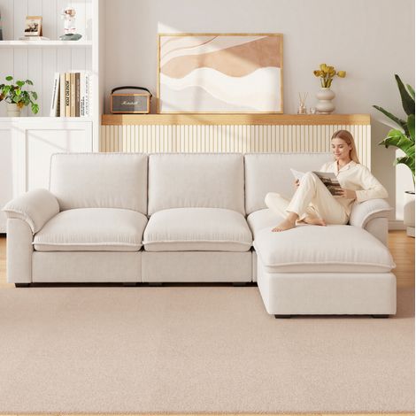 Canapé d'angle modulable 4 places avec ottomane en tissu chenille beige, sofa confortable et respirant pour salon (1/5)