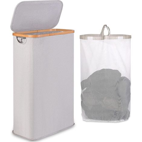 Wäschekorb mit Deckel, 60 l, schmaler Schmutzwäschekorb mit herausnehmbarem und waschbarem Innenbeutel, Wäschekorb aus Bambus, faltbarer Wäschekorb für Waschküche, Schlafzimmer (Hellgrau) (1/5)