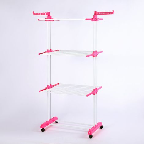 Sèche-linge pliant 3 niveaux, support à vêtements mobile rose, tour de séchage résistant, charge lourde (1/5)