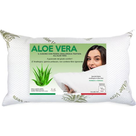 Cuscino Letto Aloe Vera con Federa Anallergica, Antibatterico, Antiacaro, Imbottitura in Fibre e Cotone, 42x72cm, Spessore 20cm