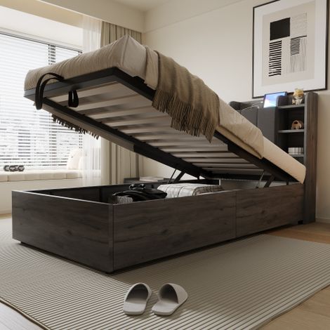 Letto in legno 90 x 200 cm, letto idraulico, testiera con vano contenitore, dotato di presa USB e Tape-C, letto singolo, letto per ragazzi, grigio (senza materasso) (1/5)