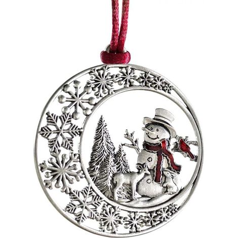 Ornement de sapin de Noël en étain massif avec cordon de suspension en satin rouge, design double face, décoration de bricolage à suspendre pour décorations de fête à la maison (bonhomme de neige)