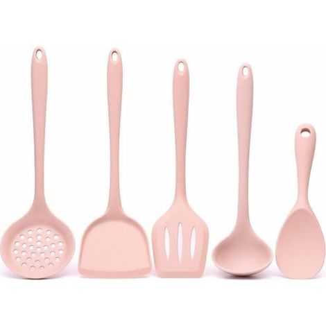 Set di posate in silicone resistente alle alte temperature - 5 pezzi - Rosa (1/4)