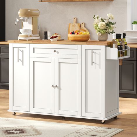 Isla de cocina móvil con encimera abatible, carrito de cocina con 3 cajones verticales, 2 estantes con puerta y ruedas con freno, 120 × 45 (70) × 87 cm (1/5)