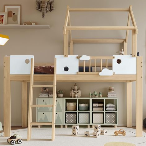 Lit mezzanine enfant avec barrière de sécurité et protection antichute, toit au design unique, échelle inclinée à trois marches, structure en pin, MDF et contreplaqué, blanc et naturel, 90 x 200 cm