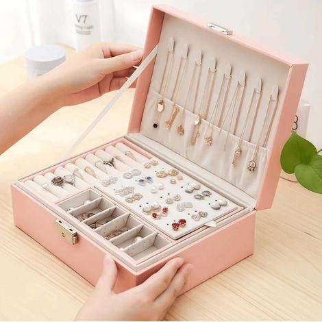 Doppellagige Schmuckschatulle aus echtem Leder für Damen, Organizer für Ringe, Ohrringe und Halsketten – Rosa