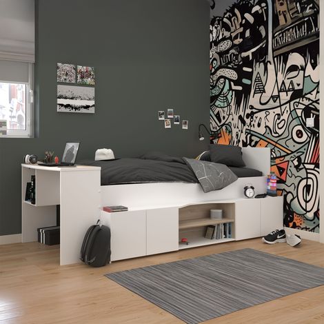 Lit enfant 90x190/200 avec bureau et rangements blanc (1/5)