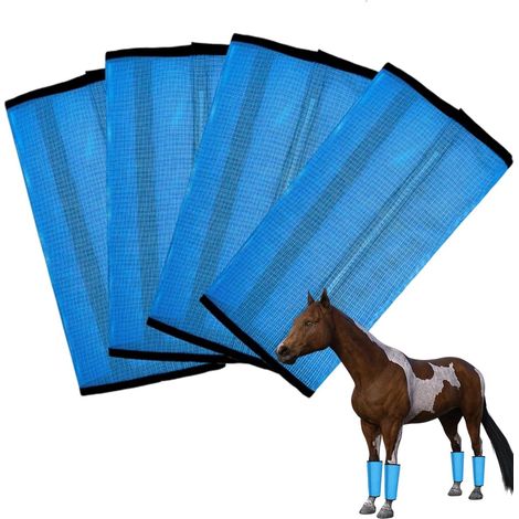 Ensemble de 4 guêtres d'équitation bleues respirantes en maille anti-mouches, réduisent le piétinement des sabots et préviennent les piqûres d'insectes