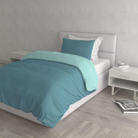 Housse de couette double-face couleur unie avec taies d'oreiller, 100 % Coton, Sarcelle/Vert Eau, single (1/5)