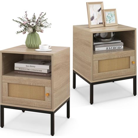 COSTWAY Comodino 40 x 40 x 57cm in Legno e Rattan, Tavolino in Stile Boemia con Ripiano Aperto, Armadietto e Gambe in Metallo, Mobile Moderno per Camera da Letto, Soggiorno e Salotto (2) (1/5)