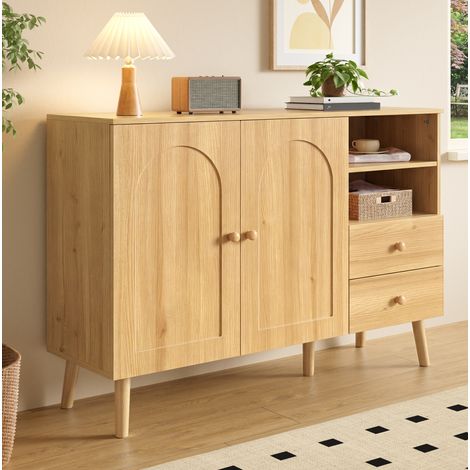 Sideboard, gewölbte Türen, Holzgriffe, Holzfüße, mit 2 Türen, 2 Schubladen und 2offenem Fach, Mehrfachaufbewahrung, für Wohnzimmer Esszimmer Flur (1/5)