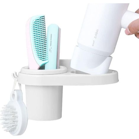 Support pour sèche-cheveux, support mural pour sèche-cheveux, boîte de rangement pour sèche-cheveux, support de rangement pour sèche-cheveux et lisseur, panier de rangement de cuisine (blanc) (1/5)