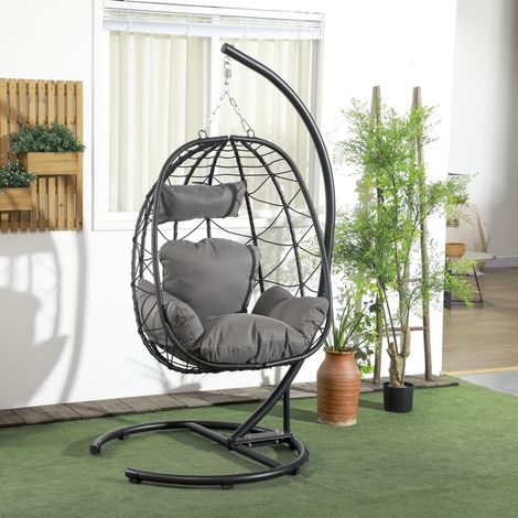 CHICFURN Poltrona sospesa in rattan PE 102 x 102 x 195 cm nera con struttura e cuscini (1/5)
