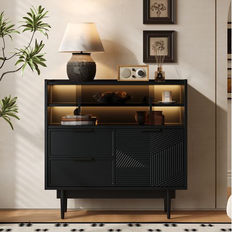 Armoire de rangement 80 cm avec porte vitrée et bande LED, MDF noir, REDOM (1/5)